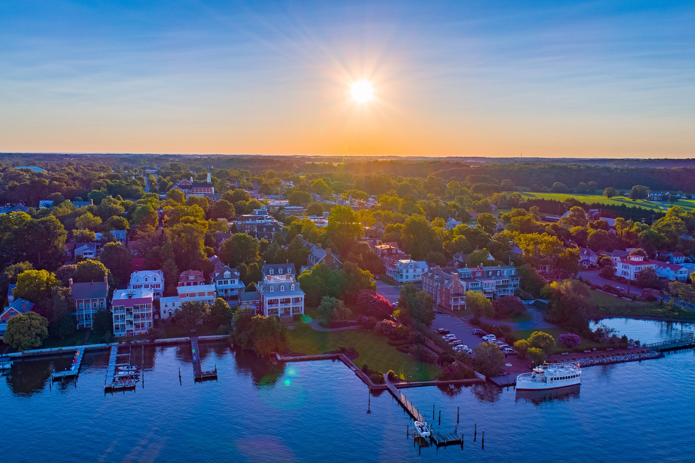 An aerial shot of Chestertown's beautiful waterfront