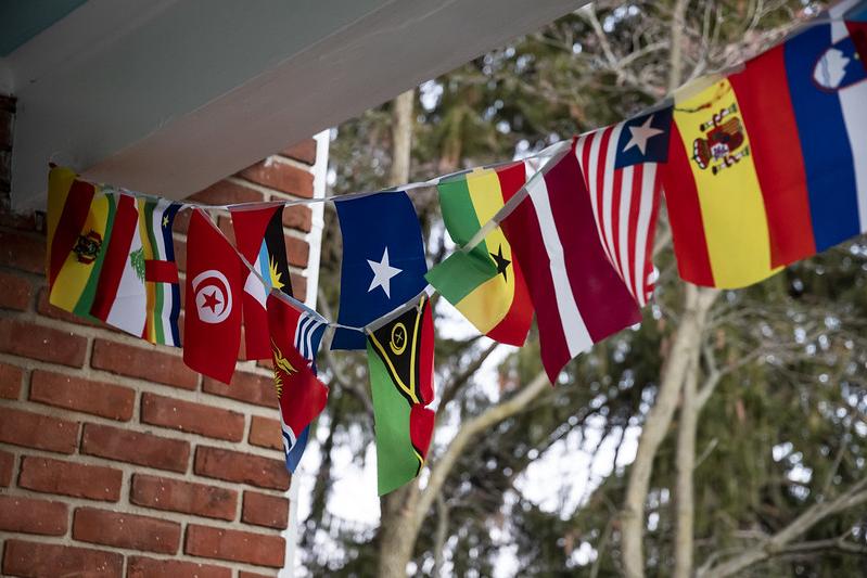 International Flag Bunting in front of Foster House